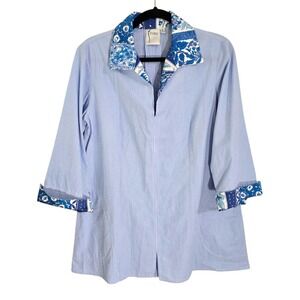 Finley Women's Blue Pinstriped Collared V Neck‎ 3/4 Sleeve Tunic Blouse Size M